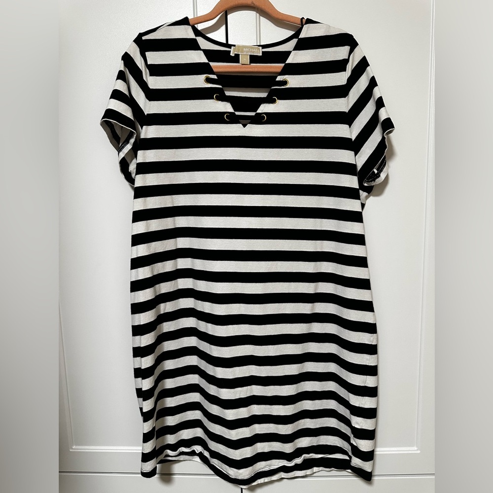 Michael Kors Black and White Striped Short Sleeve Dress 1X